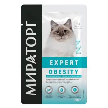 80гр Влажный корм Мираторг Expert Obesity полнорационный для взрослых кошек всех пород при избыточном весе и ожирении «Бережная забота об оптимальном весе» с Курицей и говядиной