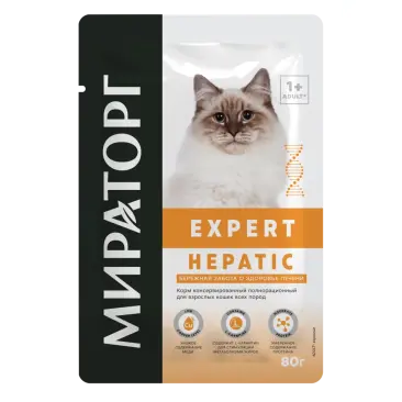 80гр Влажный корм Мираторг Expert Hepatic полнорационный для взрослых кошек всех пород «Бережная забота о здоровье печени» с Курицей и индейкой