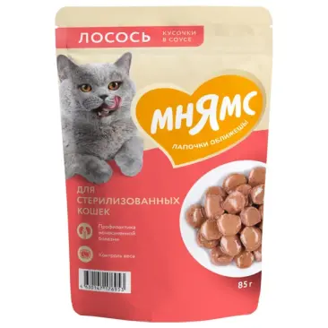 85гр Влажный корм Мнямс для взрослых стерилизованных кошек кусочки в соусе с Лососем