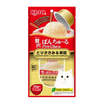 2*35гр Лакомство INABA CIAO Pon Churu для кошек Куриное филе и морской гребешок