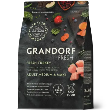 1кг Корм GRANDORF DOG Fresh Turkey&Sweet Potato Adult Medium&Maxi беззерновой гипоаллергенный для собак средних и крупных пород, Индейка с Бататом
