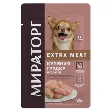 85гр Влажный корм Мираторг Extra Meat полнорационный для взрослых собак мелких пород с чувствительным пищеварением, соус с Куриной грудкой
