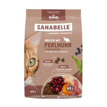 0,4кг Корм Bosch Sanabelle Indoor mit Perlhuhn & Preiselbeeren для взрослых домашних кошек с Цесаркой