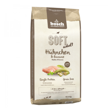 12,5кг Корм Bosch SOFT Holistic Adult полувлажный, монопротеиновый. Беззерновой для взрослых собак всех пород с Курицей и бананом