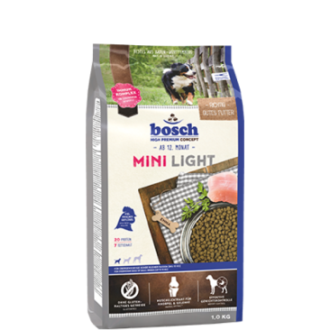 1кг Корм Bosch Mini Light для взрослых собак мелких пород, склонных к полноте с Птицей