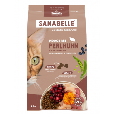 2кг Корм Bosch Sanabelle Indoor mit Perlhuhn & Preiselbeeren для взрослых домашних кошек с Цесаркой
