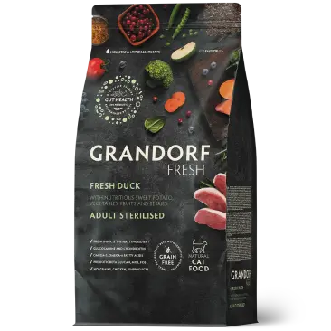 0,4кг Корм GRANDORF CAT Fresh Duck&Sweet Potato ADULT STERILISED для взрослых стерилизованных кошек с Уткой и бататом