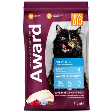 1+1 1,5кг Корм Award Sterilized для взрослых стерилизованных кошек с Белой рыбой с добавлением семян льна, клюквы и цикория