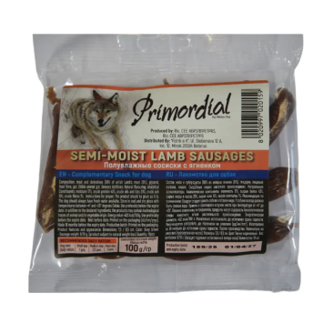 114гр Лакомство Primordial для собак полувлажные Сосиски с Ягнёнком