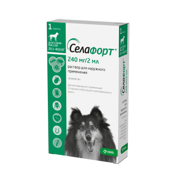 Капли на холку Селафорт KRKA от блох, клещей, глистов, а также при болезнях ушей и кожи для собак 20,1-40кг, 1штх240мг/2мл