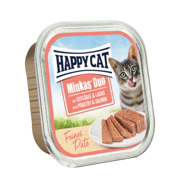 100гр Консервы Happy Cat Minkas DUO беззерновые для взрослых кошек, паштет с Птицей и лососем