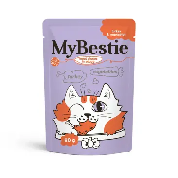 80г Влажный корм MyBestie "Мясные кусочки" для кошек Индейка с Овощами в соусе