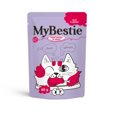 80г Влажный корм MyBestie "Мясные кусочки" для кошек Утка с Потрошками