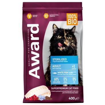 1+1 0,4кг Корм Award Sterilized для взрослых стерилизованных кошек с Белой рыбой с добавлением семян льна, клюквы и цикория
