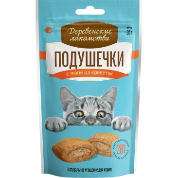 30г Лакомство "Деревенские лакомства" для кошек подушечки с пюре из Креветок