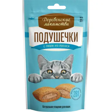 30г Лакомство "Деревенские лакомства" для кошек подушечки с пюре из Лосося