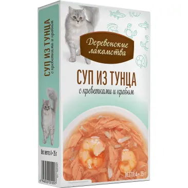 4*35г Лакомство "Деревенские лакомства" для кошек суп из Тунца с Креветками и Крабом