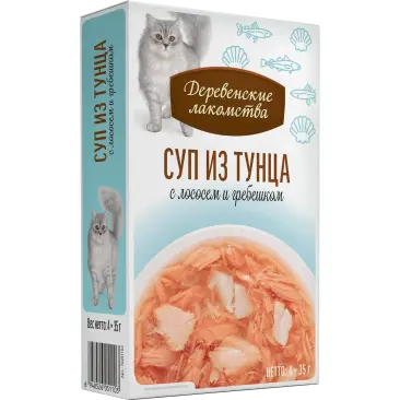 4*35г Лакомство "Деревенские лакомства" для кошек суп из Тунца с Лососем и Гребешком