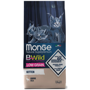 1,5кг Корм Monge Kitten BWild Low Grain Goose низкозерновой для котят и беременных кошек с Гусем