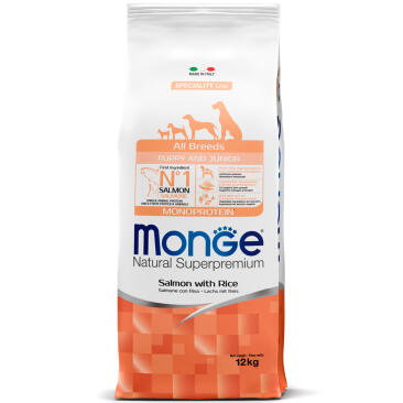 12кг Корм Monge Puppy&Junior SP Monoprotein Salmon/Rice для щенков всех пород с Лососем и рисом