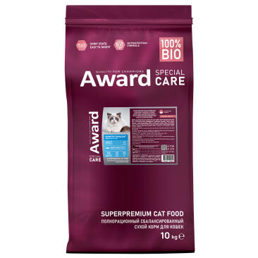 10кг Корм Award SPECIAL CARE Sensitive Skin&Coat для взрослых кошек для здоровой кожи и шерсти со свежей белой Рыбой