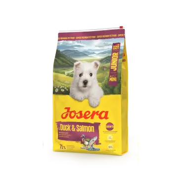 0,9кг Корм Josera Mini (Junior/Adult Mini 29/18) для щенков и взрослых собак мелких пород с Уткой и Лососем