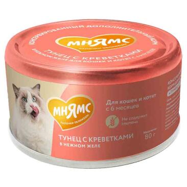 80г Влажный дополнительный корм Мнямс для кошек и котят старше 6 месяцев Тунец с Креветками в нежном желе