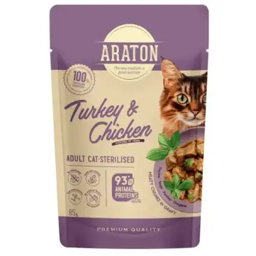 85г Влажный корм Nature's Protection ARATON Sterilised Adult для стерилизованных кошек всех пород с Индейкой и Курицей кусочки в соусе
