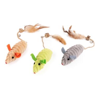 Игрушка WOGY для кошек мягкая Мышка с кошачьей мятой, перьями, мататаби и колокольчиком, 13*6*4см