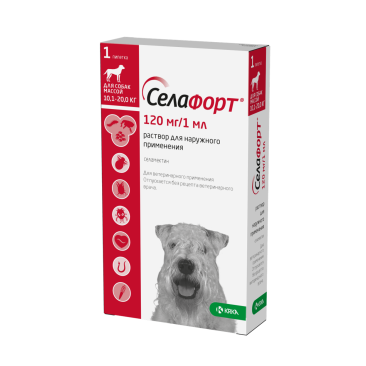 Капли на холку Селафорт KRKA от блох, клещей, глистов, а также при болезнях ушей и кожи для собак 10,1-20кг, 1шт*120мг/1мл