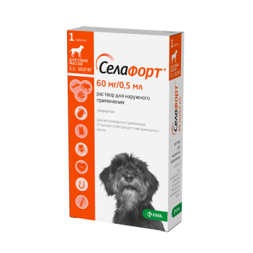 Капли на холку Селафорт KRKA от блох, клещей, глистов, а также при болезнях ушей и кожи для собак 5,1-10кг, 1шт*60мг/0,5мл