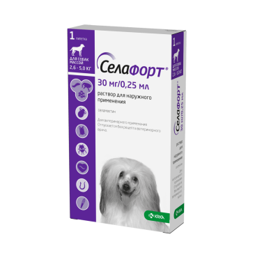 Капли на холку Селафорт KRKA от блох, клещей, глистов, а также при болезнях ушей и кожи для собак 2,6-5кг, 1шт*30мг/0,25мл