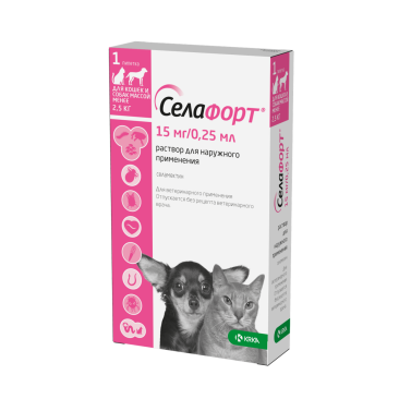 Капли на холку Селафорт KRKA от блох, клещей, глистов, а также при болезнях ушей и кожи для кошек и мелких собак до 2,5кг, 1шт*15мг/0,25мл