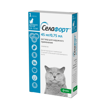 Капли на холку Селафорт KRKA от блох, клещей, глистов, а также при болезнях ушей и кожи для кошек 2,6-7,5кг, 1шт*45мг/0,75мл