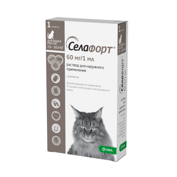 Капли на холку Селафорт KRKA от блох, клещей, глистов, а также при болезнях ушей и кожи для кошек 7,6-10кг, 1шт*60мг/1мл