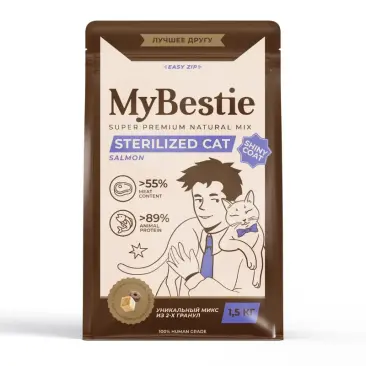 1,5кг Корм MyBestie Sterelized для стерилизованных кошек и кастрированных котов с Лососем