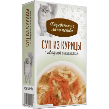4*35г Лакомство "Деревенские лакомства" для кошек суп из Курицы с говядиной и шпинатом