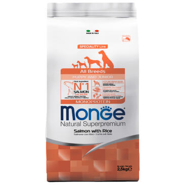 2,5кг Корм Monge Puppy&Junior SP Monoprotein Salmon/Rice для щенков всех пород с Лососем и рисом (дефект упаковки)