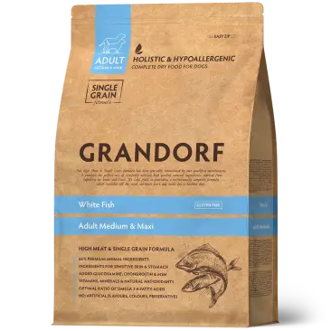 1кг Корм GRANDORF DOG White Fish MEDIUM&MAXI для собак всех пород, Белая рыба с рисом