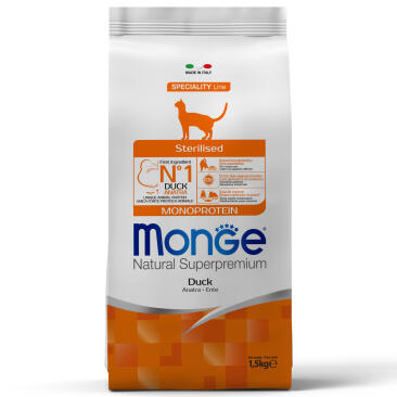 1,5кг Корм Monge Cat Monoprotein Sterilized Duck для стерилизованных кошек с Уткой (дефект упаковки)