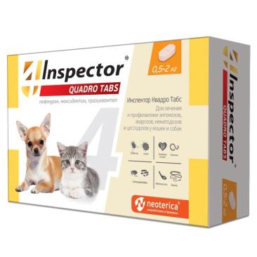 Inspector Quadro Tabs таблетки от блох, клещей и глистов для кошек и собак (0,5-2кг), 1таб (срок до 06.2026)