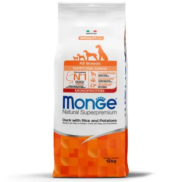 12кг Корм Monge Puppy&Junior SP Monoprotein Duck/Rice для щенков всех пород с Уткой и рисом