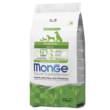 2,5кг Корм Monge Dog SP Monoprotein Adult Rabbit/Rice для взрослых собак всех пород с Кроликом и рисом (срок до 27.08.2026)