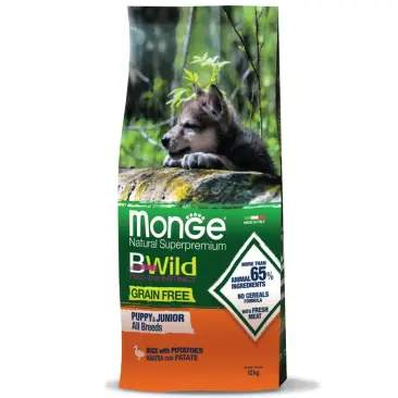 12кг Корм Monge Puppy&Junior BWild Grain Free Duck/Potatoes беззерновой для щенков всех пород с Уткой и картофелем