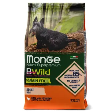 2,5кг Корм Monge Dog BWild Grain Free Mini Adult Duck/Potatoes беззерновой для взрослых собак мелких пород с Уткой и картофелем