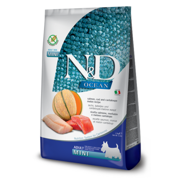 0,8кг Корм Farmina N&D Ocean Dog Salmon, Codfish & Cantaloupe Melon Adult Mini беззерновой для взрослых собак мелких пород с Лососем, треской и дыней