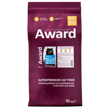 10кг Корм Award Sterilized для взрослых стерилизованных кошек с Белой рыбой с добавлением семян льна, клюквы и цикория