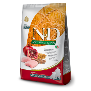 2,5кг Корм Farmina N&D Ancestral Grain Dog Chicken & Pomegranate Puppy Medium & Maxi низкозерновой для щенков крупных и средних пород, беременных и кормящих собак с Курицей и гранатом