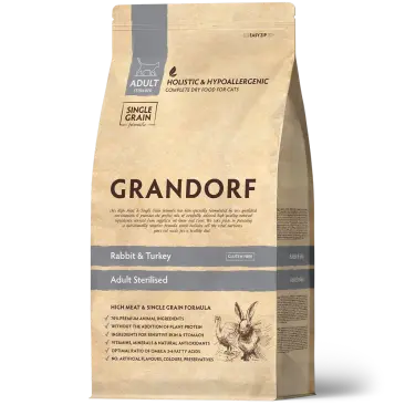 2кг Корм GRANDORF CAT Rabbit&Turkey STERILISED низкозерновой для стерилизованных кошек Кролик с индейкой