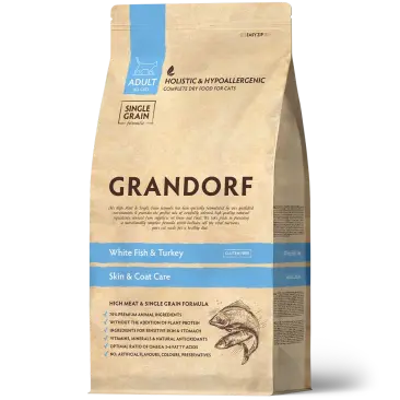 2кг Корм GRANDORF CAT White Fish&Turkey SKIN&CARE низкозерновой для кошек с белой рыбой и индейкой, забота о коже и шерсти